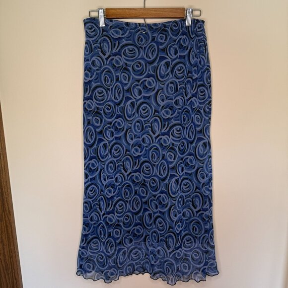 Y2K Ruffle Hem 90s Midi‎ Skirt Size Large Swirls Printed Design 35th and 10th - Picture 3 of 4